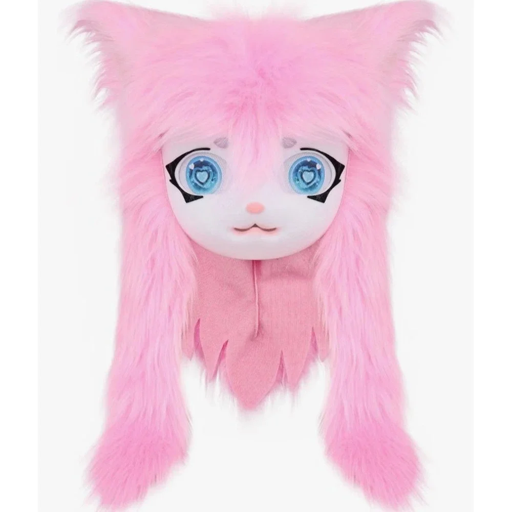 Pink Faux Fur Anime Animal Mask Hood Blue Eyes Kids Costume Cosplay Halloween